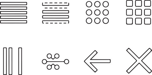 Set of basic interface and symbol icons Keywords: lines, dashed lines, circles, squares, vertical