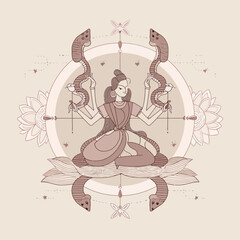 Stylized illustration of a divine figure with cobras in a geometric composition
