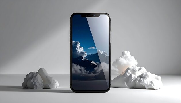 Smartphone displaying a mountain landscape with clouds on its screen.