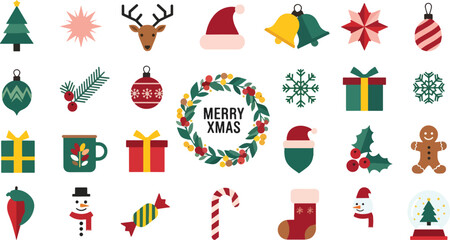 Set of christmas icons, featuring traditional holiday elements and decorations