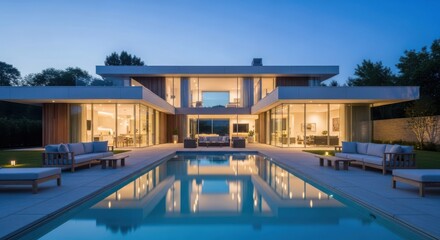 Fototapeta premium Modern luxury mansion with swimming pool and outdoor seating area illuminated at dusk