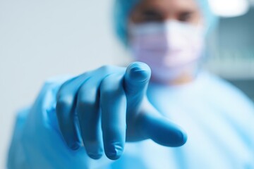 Medical professional in blue gloves pointing, emphasizing health and care