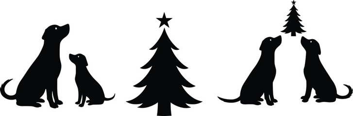 Christmas tree silhouette, holiday dog illustration, festive pet design, winter celebration vector, seasonal decoration artwork, animal companion graphic, star pine fir spruce