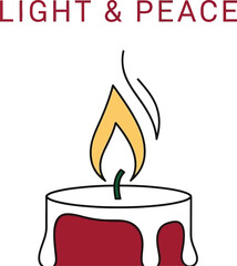 Simple illustration of a candle with the words light and peace above it