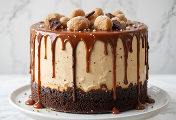 A drip cake with glossy caramel 