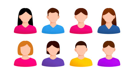 Group of diverse avatar icons featuring men and women with different hair colors and styles, wearing colorful shirts, suitable for profile pictures, social media, or user interface design