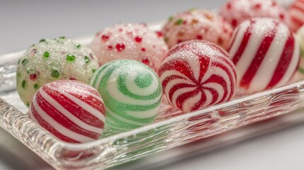 A tray of candy balls with red, green and white stripes. The candy balls are in a clear glass bowl