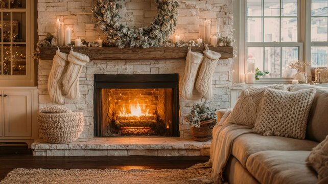 A cozy living room with a fireplace and a wreath on the mantle. The fireplace is lit, and there are several candles around the room. The couch is covered in a white blanket