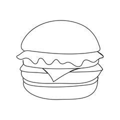 
Continuous one line drawing of burger. Fast food hamburger made of one continuous line, vector. One line drawing illustration of hamburger. Junk food, fast food concept single line.