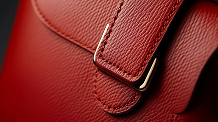 Crimson leather accessory close-up featuring refined stitching and a metallic buckle. Texture showcases quality. Elegant design emphasizing detail and texture.