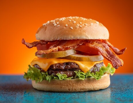delicious cheeseburger with layers of bacon lettuce and tomatoes on a vibrant orange background