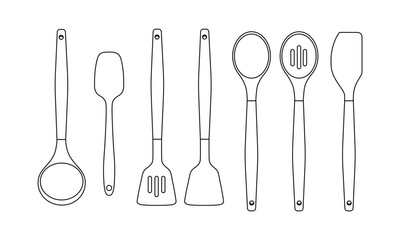 Vector line illustration of kitchen utensils — spatulas, ladles, and spoons. Minimalist black outline design for cooking, restaurant, and kitchen projects.