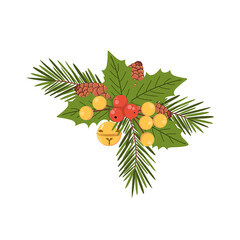 Festive Christmas decoration with holly leaves, pine branches, cones, berries, and jingle bell. Vector illustration for holiday cards and winter design.