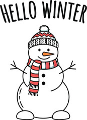 Cheerful snowman wearing a hat and scarf welcomes the winter season with open arms
