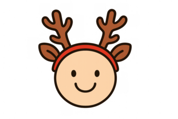 Reindeer character with a happy smiley face wearing a red headband with antlers and ears. Transparent background