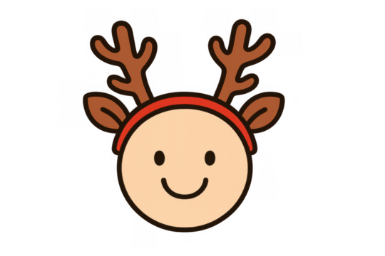 Reindeer character with a happy smiley face wearing a red headband with antlers and ears. Transparent background