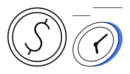 Two simplistic designs featuring a dollar sign within a circular coin and a clock representing time. Ideal for finance, business, time management, investment, savings, productivity, and efficiency