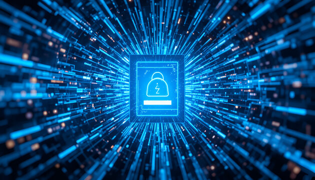 Digital data security with a glowing key icon in a blue square frame