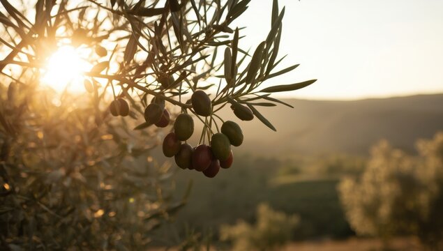 Olive branch with ripe olives in the warm sunlight, creating a natural and healthy image