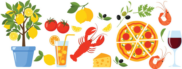 Italian food and ingredients arranged in a seamless pattern, showcasing mediterranean cuisine