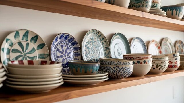 Closeup of Ceramic Plates Displayed on Wooden Shelves in Cozy Kitchen