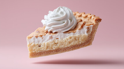 Slice of creamy pie with whipped cream topping floating against pastel pink background, showcasing delicious dessert with golden crust and inviting texture
