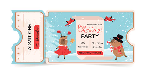 Ticket to a Christmas party with funny capybaras. Admit one. Vector design. 