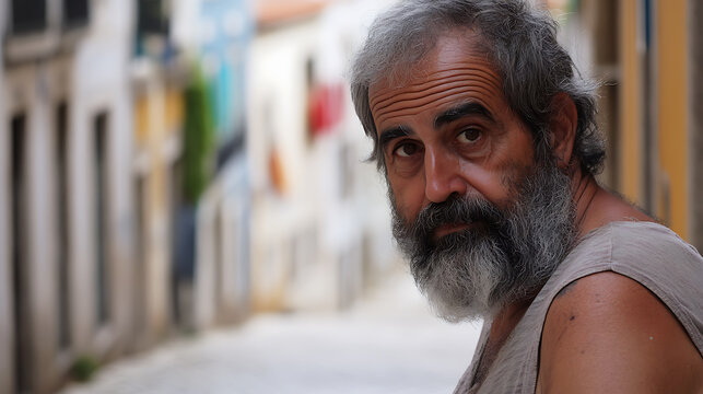 A close-up portrait of a mature man with a gray beard and weathered features, standing on a blurred street, looking directly into the camera with an expression of deep contemplation. - Powered by Adobe