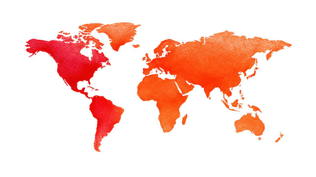 Watercolor world map red and orange gradient textured artistic creative global continents abstract modern decorative isolated on transparent background