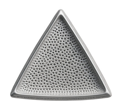 Triangular diatom frustule featuring angular edges and a perforated silica design.
