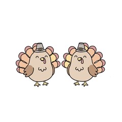 Two cute cartoon turkeys wearing pilgrim hats, standing side-by-side. This cheerful and simple vector illustration is perfect for children's Thanksgiving crafts