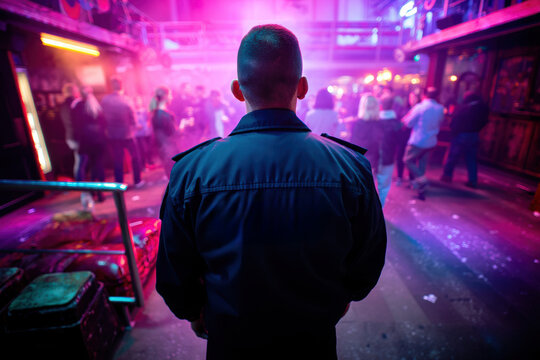 Security guard observing a lively nightclub scene filled with vibrant lights