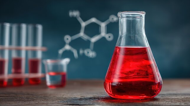 A red liquid in a conical flask with a chemical formula in the background.