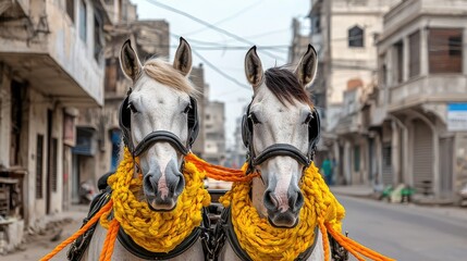 Horses in bright orange decorations standing side by side on a quiet street in a small town during the day