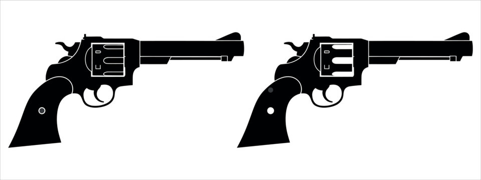 Intense black revolvers silhouetted against stark white background, conveying power and danger, perfect for crime drama or suspenseful thriller designs