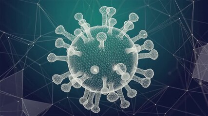 Macro depth-of-field render of virus mesh wireframe with subtle glow and polygon grid background. Futuristic medical science concept visualizing microbiology, infection, and 3D data structure. - Powered by Adobe