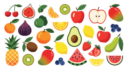 Assorted fruits with apple, mango, watermelon, avocado, orange, lemon, kiwi, and pineapple