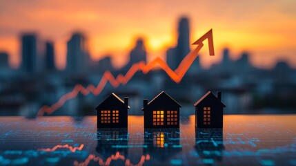 Rising Real Estate Market: Three Miniature Houses with Upward Trending Arrow Against a Cityscape at Sunset, Representing Property Value Growth