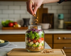 Fresh and colorful salad ingredients layered in a glass jar, showcasing healthy and eco-friendly meal preparation.
