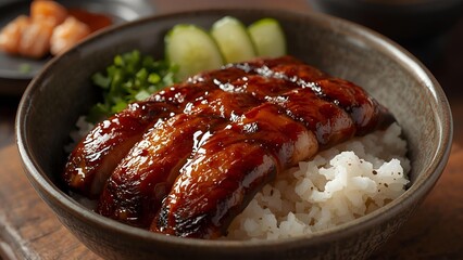 A realistic image of a donburi bowl filled with tender grilled eel (unagi), glazed with a rich, sweet-salty tare sauce.