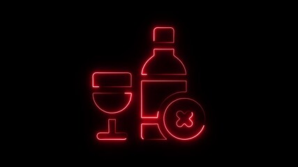 Red neon outline of a wine glass and bottle with a prohibition symbol indicating no alcohol concept for nightlife