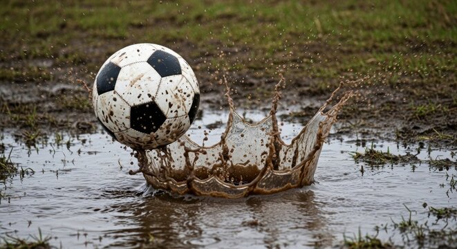 Muddy soccer ball splashing down in a puddle, a great shot for sports advertising, muddy games or children's fun, and sports in the rain