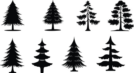 Conifer tree silhouettes, evergreen pine forest shapes, fir spruce cedar collection, isolated botanical design, nature vector set, flat illustration graphic