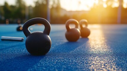 Row of black kettlebells on blue textured surface, sunlight adding a golden glow. Ready for workout and strength building in outdoor gym space.