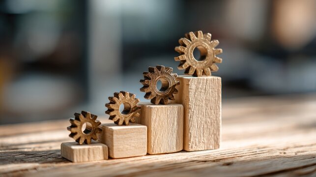 A wooden block structure with gears on top, representing a concept of progress or growth.