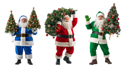 Happy Santa Claus with Christmas tree isolated on transparent background