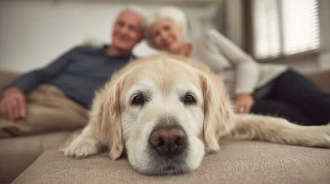 A golden retriever dog lying on a couch with an elderly couple in the background.