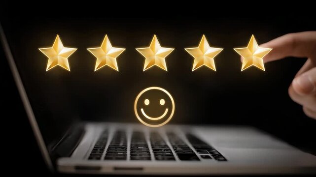 Hand pressing keyboard with glowing five stars and smiley face