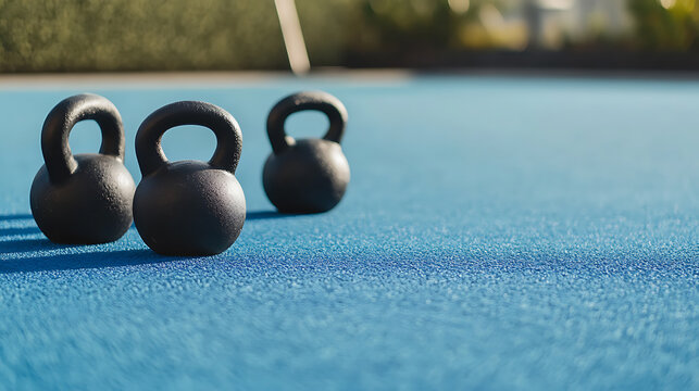 Three black kettlebells sit on a blue textured surface, ready for a workout. Sunlight casts shadows, highlighting the fitness equipment's design. Focus on strength and health.