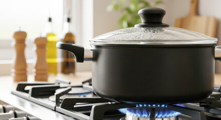 Black cooking pot with lid on gas stove, flames visible beneath, creating a warm atmosphere in a modern kitchen setting with natural light